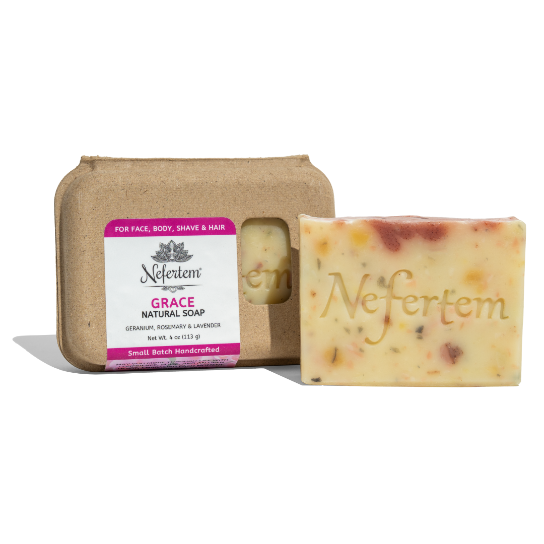 Grace tallow soap with soap speckles in box and out