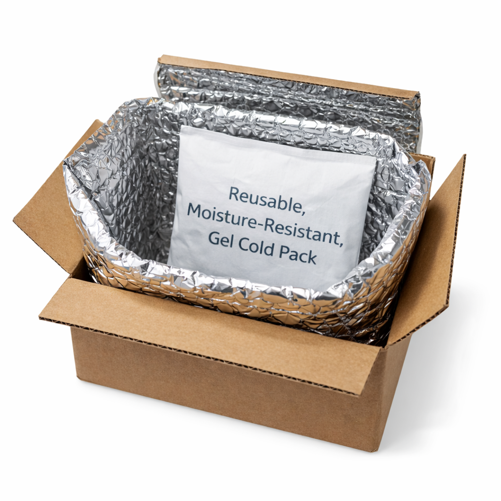 Reusable gel cold pack in a cardboard box on a white background