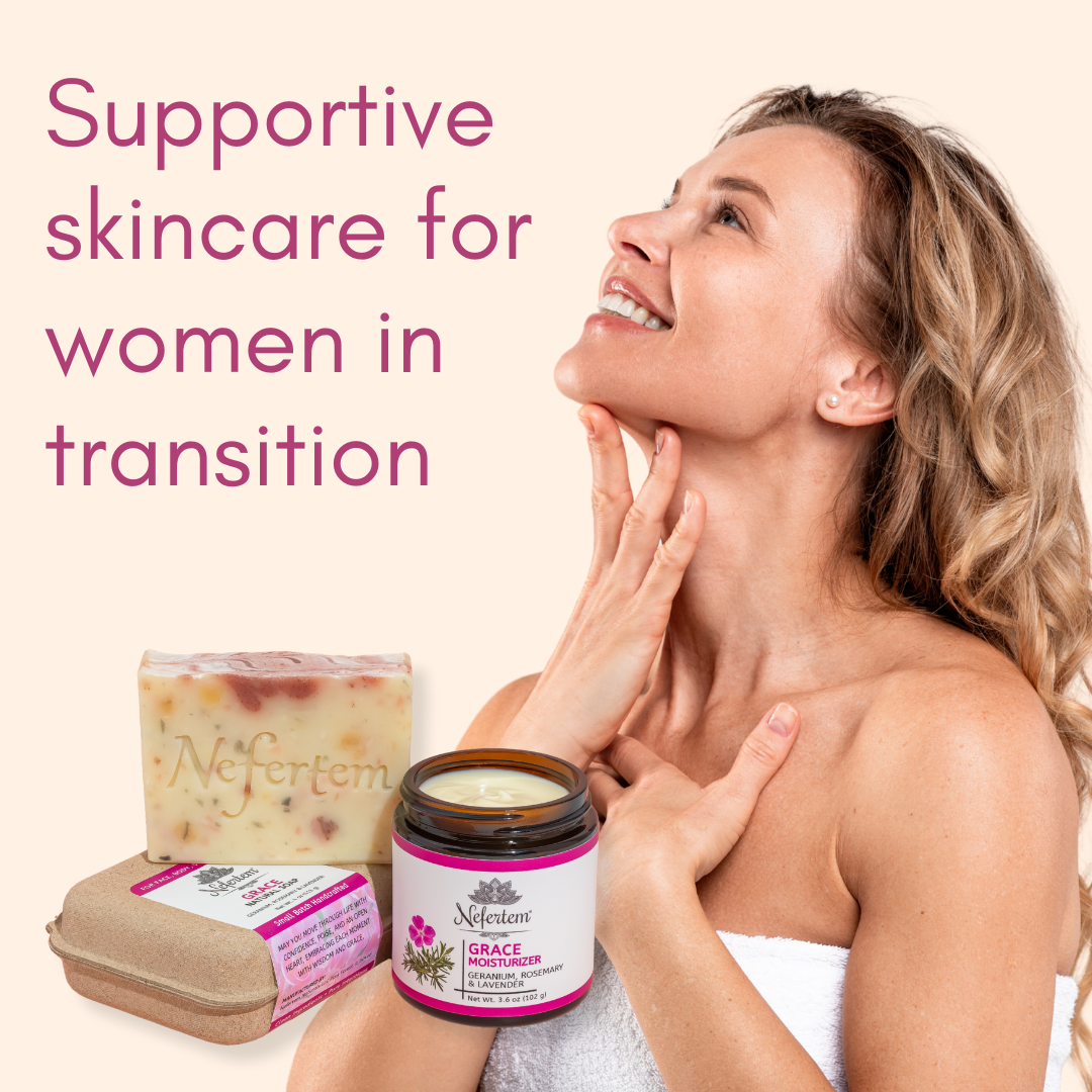 Woman applying the Grace moisturizer showing how the Grace bundle is for transitioning women