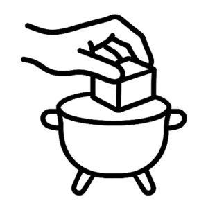 Black and white icon of a hand placing a block into a pot.